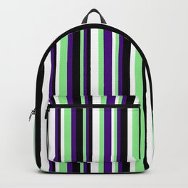 [ Thumbnail: Indigo, Light Green, White & Black Colored Stripes/Lines Pattern Backpack ]