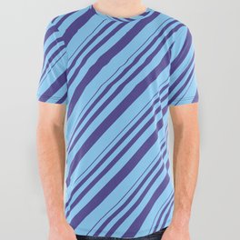 [ Thumbnail: Dark Slate Blue and Light Sky Blue Colored Stripes/Lines Pattern All Over Graphic Tee ]