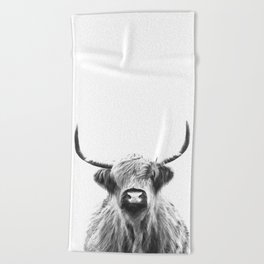 Black and White Highland Cow Portrait Beach Towel