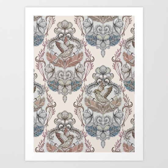 Woodland Birds - hand drawn vintage illustration pattern in neutral colors Art Print