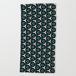 Modern, abstract, geometric pattern with hexagon shapes in deep sea green, bone, tan and black Beach Towel
