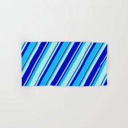 [ Thumbnail: Turquoise, Blue, and Deep Sky Blue Colored Pattern of Stripes Hand & Bath Towel ]