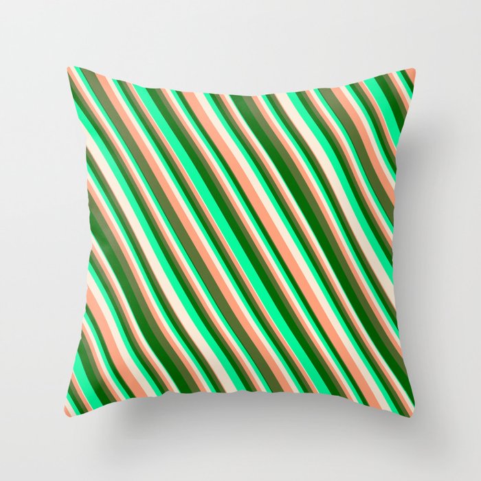 Vibrant Green, Beige, Light Salmon, Dark Olive Green & Dark Green Colored Striped/Lined Pattern Throw Pillow