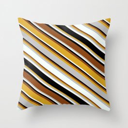 [ Thumbnail: Eyecatching Goldenrod, Grey, Mint Cream, Black, and Brown Colored Stripes Pattern Throw Pillow ]