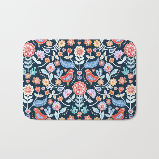Happy Folk Summer Floral on Navy Bath Mat