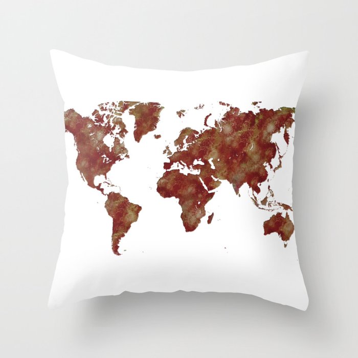 world map in watercolor-rust color Throw Pillow