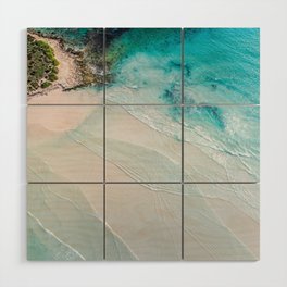 Aerial seascape photography of vibrant blue ocean with shallow waves on the beach Wood Wall Art