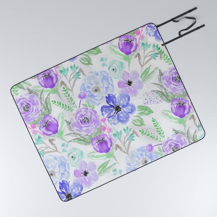 Hand painted lavender lilac blue watercolor flowers Picnic Blanket