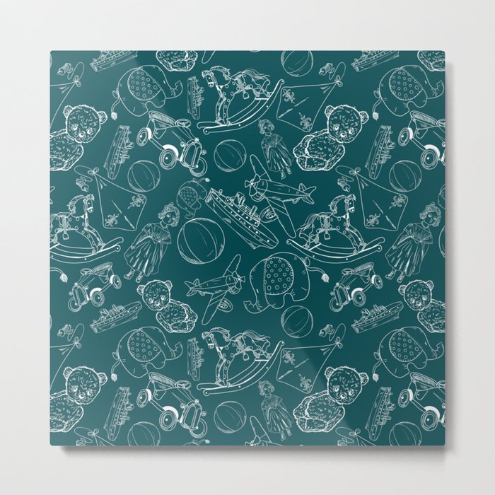 Teal Blue and White Toys Outline Pattern Metal Print