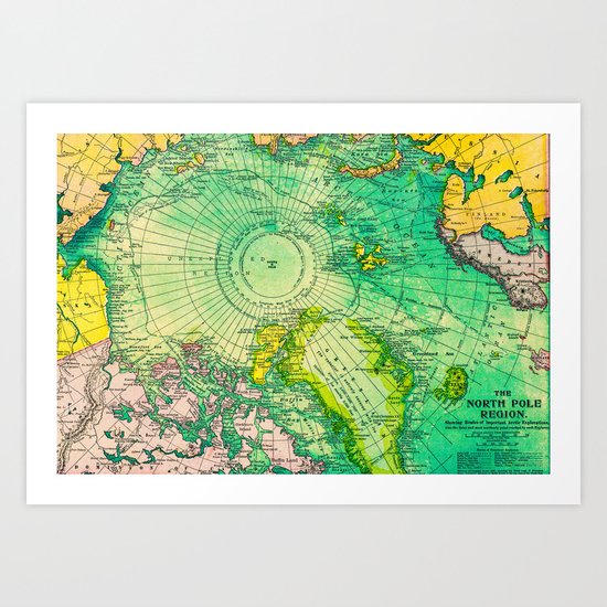 Colorful Map of the North Pole - Vintage Art Print