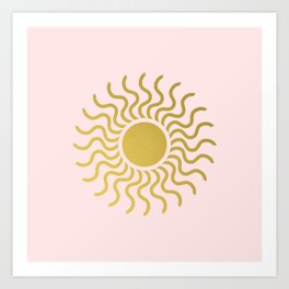 Sun in Splendour Gold on Pastel Pink Art Print | Summer, Graphicdesign, Sun Motif, Metallic Effect, Positive Energy, Sunrise, Sun Salutation, Abstract, Sun Rays, Sunset 