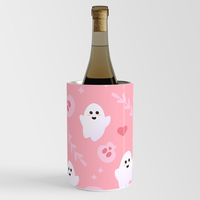 Ghost Cute Seamless Pattern in Pink Colours with Skulls, Hearts and Leaves Wine Chiller