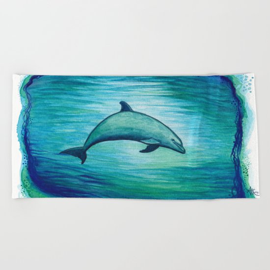"Indigo Lagoon" by Amber Marine ~ Watercolor Dolphin Painting, (c) 2015 Beach Towel