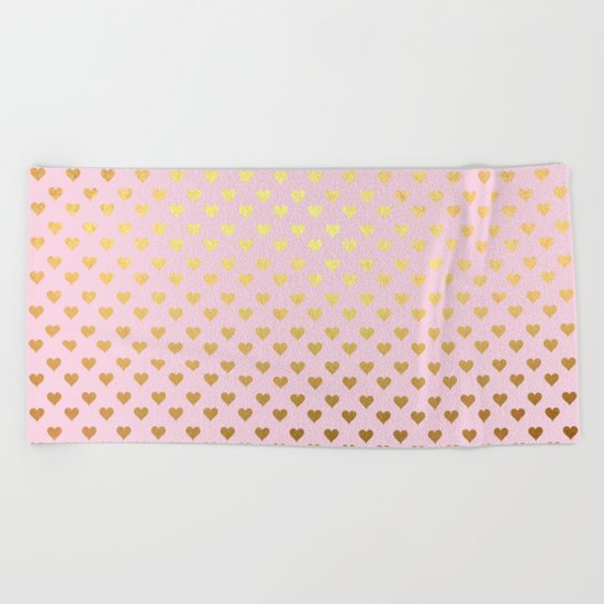 Princesslike- pink and gold elegant heart ornament pattern Beach Towel