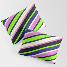 [ Thumbnail: Vibrant Chartreuse, Midnight Blue, Light Yellow, Orchid, and Black Colored Striped Pattern Pillow Sham ]
