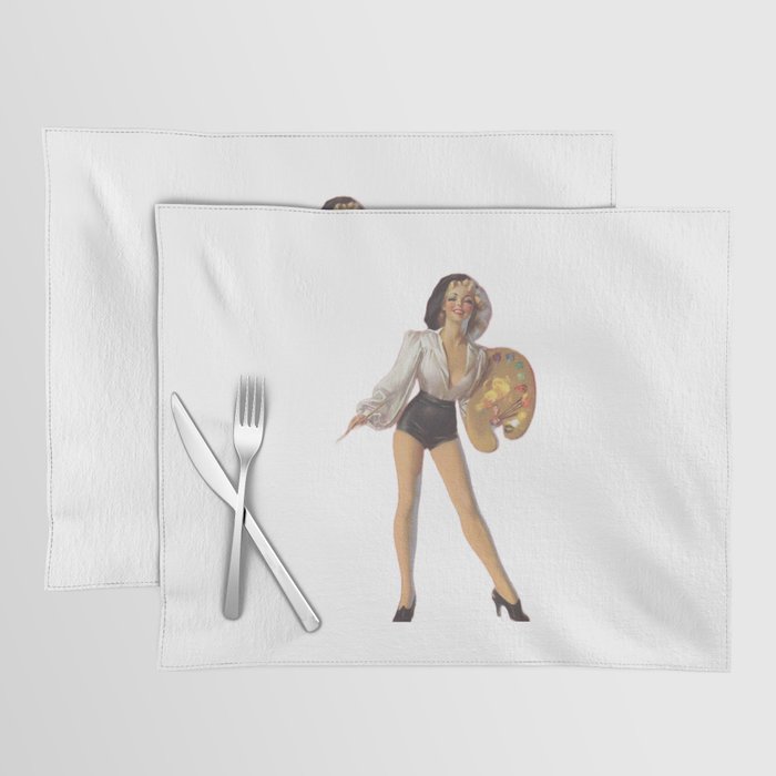 Sexy Blonde Artist Pin Up With Palette, Brush, Basque, White Shirt And White Shorts Placemat