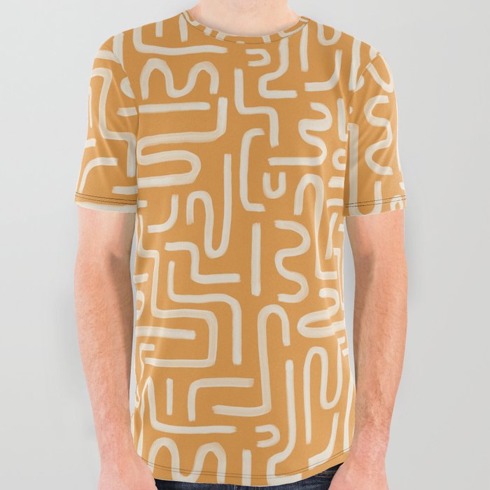 Abstract Brush Strokes Maze on Orange Butterscotch All Over Graphic Tee