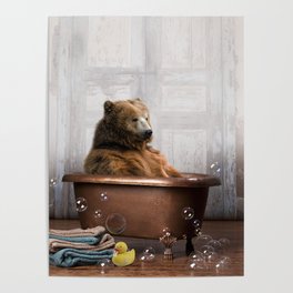 Bear with Rubber Ducky in Vintage Bathtub Poster