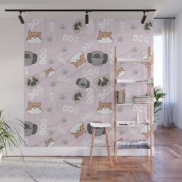 Violet pattern with cute, funny happy dogs. Paws prints, text and pets background for children. Wall Mural