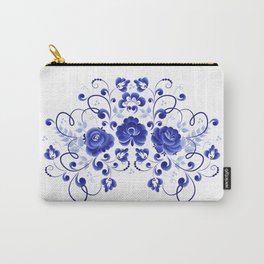 Three blue roses Carry-All Pouch | Folk, Floral, Beautiful, Plant, Bouquet, Gzhel, Pattern, Leaf, Roses, Blue 