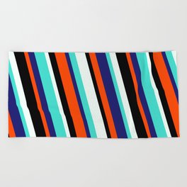 [ Thumbnail: Vibrant Mint Cream, Turquoise, Midnight Blue, Red & Black Colored Lines/Stripes Pattern Beach Towel ]
