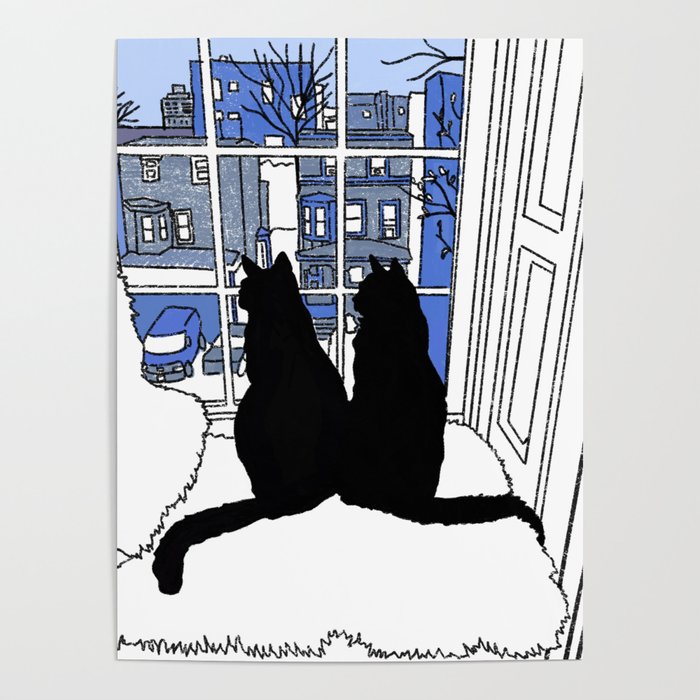 Window Cats Blue Poster