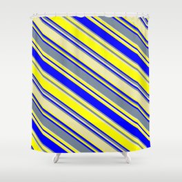 [ Thumbnail: Light Slate Gray, Pale Goldenrod, Yellow, and Blue Colored Striped Pattern Shower Curtain ]