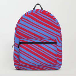 [ Thumbnail: Crimson and Cornflower Blue Colored Lines Pattern Backpack ]