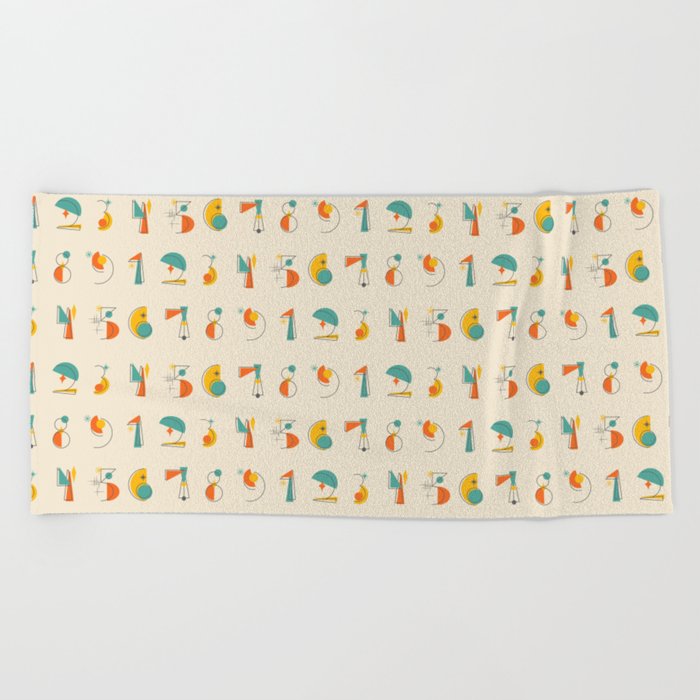 Mid Century Modern Inspired Numbers Pattern 1-9 Beach Towel