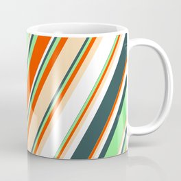 [ Thumbnail: Light Green, Red, Tan, White, and Dark Slate Gray Colored Striped Pattern Coffee Mug ]