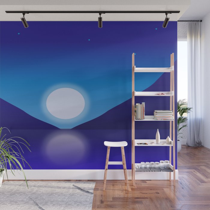 Full Moon Night Scene in  Blue Wall Mural