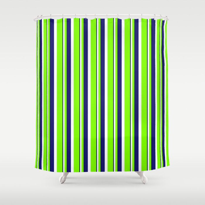 Chartreuse, White & Midnight Blue Colored Stripes Pattern Shower Curtain