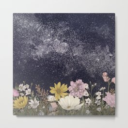 Galaxy in Bloom Colour Version Metal Print | Cosmic, Digital, Garden, Spring, Fairycore, Cottagecore, Stars, Enchanted, Floral, Flowers 