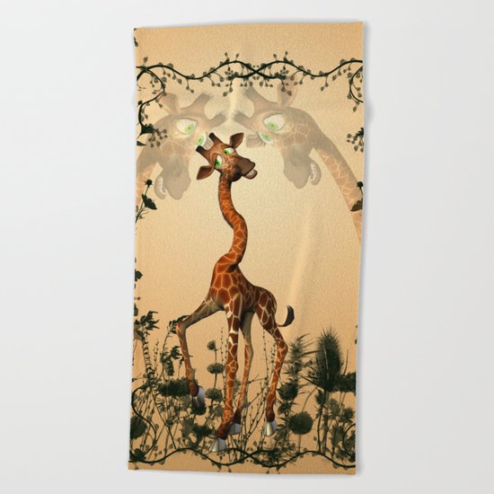 Funny giraffe Beach Towel