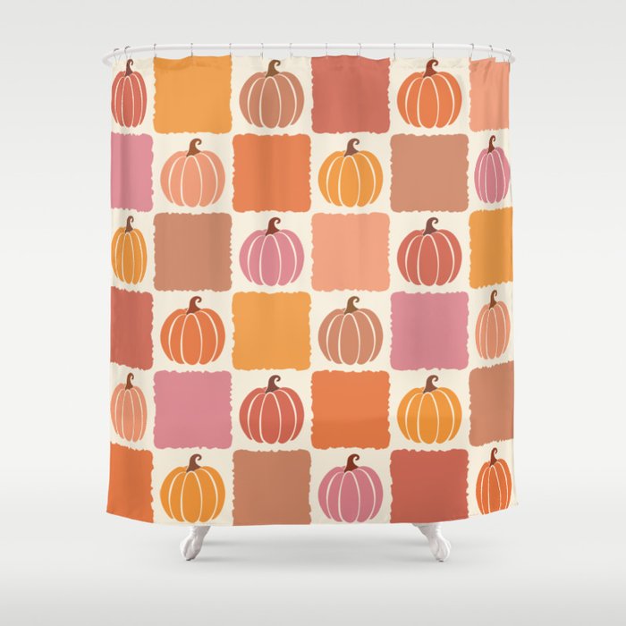 Colorful Fall Season Pumpkin Checker Shower Curtain