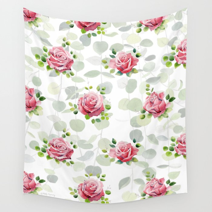 Rose and Eucalyptus Pattern Wall Tapestry