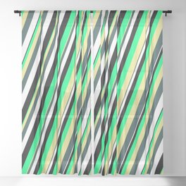 [ Thumbnail: Vibrant Green, Tan, Dark Slate Gray, White, and Black Colored Striped/Lined Pattern Sheer Curtain ]