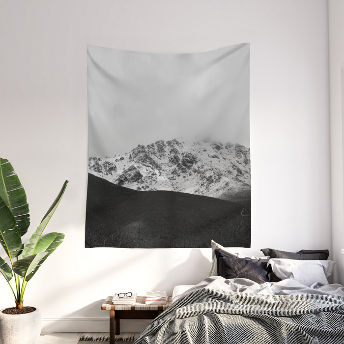 Black and white winter mountain snow-covered landscape Wall Tapestry   |  society6.com