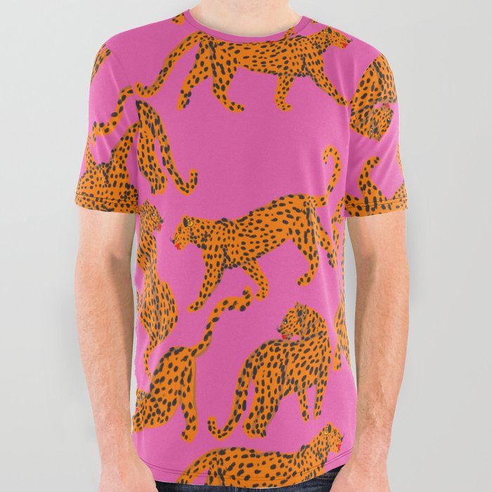 Abstract leopard with red lips illustration in fuchsia background  All Over Graphic Tee