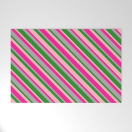 [ Thumbnail: Deep Pink, Dark Gray, Forest Green, and Light Pink Colored Lines/Stripes Pattern Welcome Mat ]