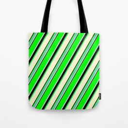 [ Thumbnail: Lime, Aquamarine, Light Yellow & Black Colored Lined Pattern Tote Bag ]