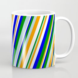 [ Thumbnail: Eye-catching Light Blue, Dark Orange, White, Blue & Green Colored Lined/Striped Pattern Coffee Mug ]