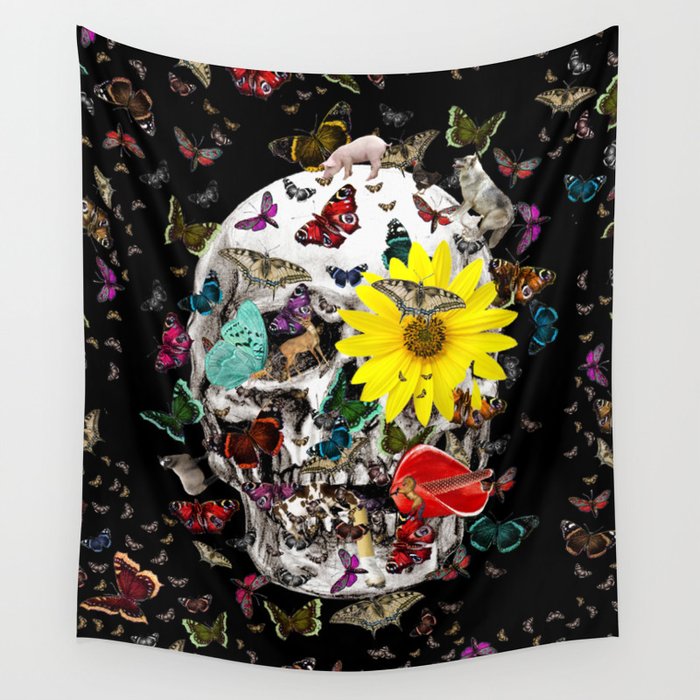 Skull Flowers Animals on Black | Butterflies Wall Tapestry