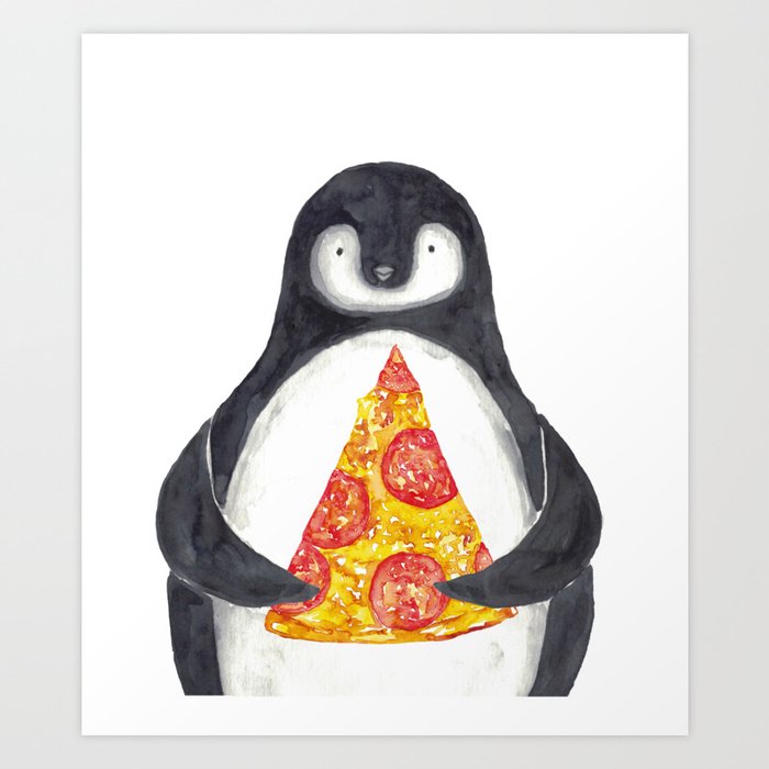 Penguin pizza watercolor painting Art Print