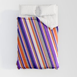 [ Thumbnail: Eyecatching Blue, Dark Grey, Red, White, and Purple Colored Stripes/Lines Pattern Comforter ]