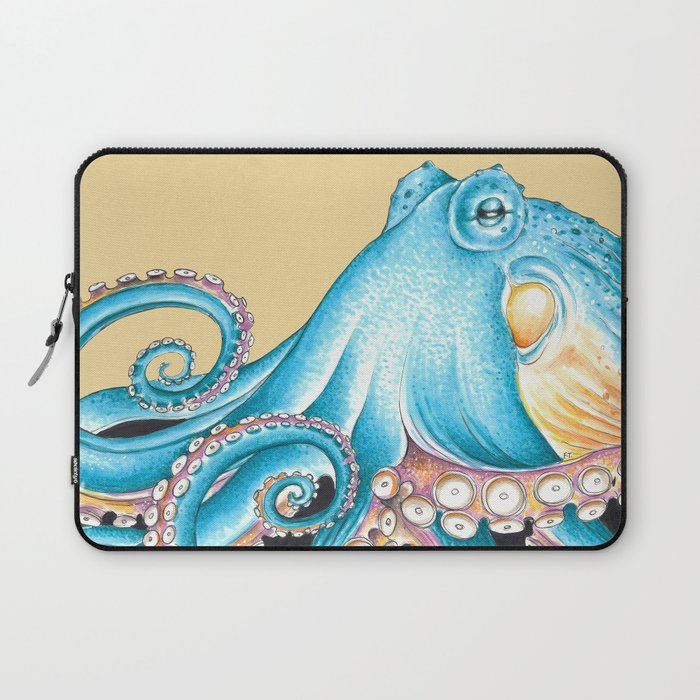 Blue Octopus on Yellow Ink Art Nautical Marine Laptop Sleeve