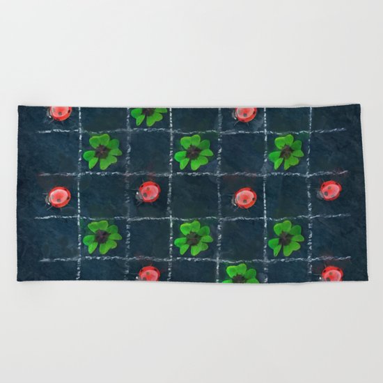 Clover and ladybugs tic-tac-toe pattern Beach Towel