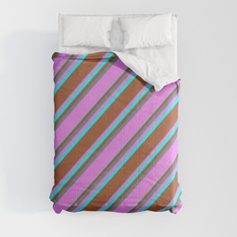 [ Thumbnail: Slate Gray, Violet, Aqua & Sienna Colored Striped/Lined Pattern Comforter ]
