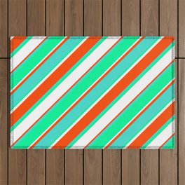 [ Thumbnail: Red, Turquoise, Green, and White Colored Lines Pattern Outdoor Rug ]