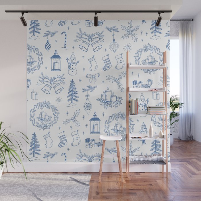 Christmas Toile // Blue & White Wall Mural